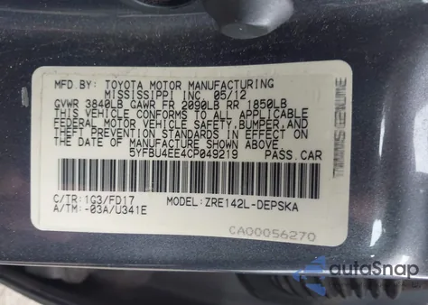 2012 Toyota Corolla S z USA, uszkodzony, nr VIN 5YFBU4EE4CP049219